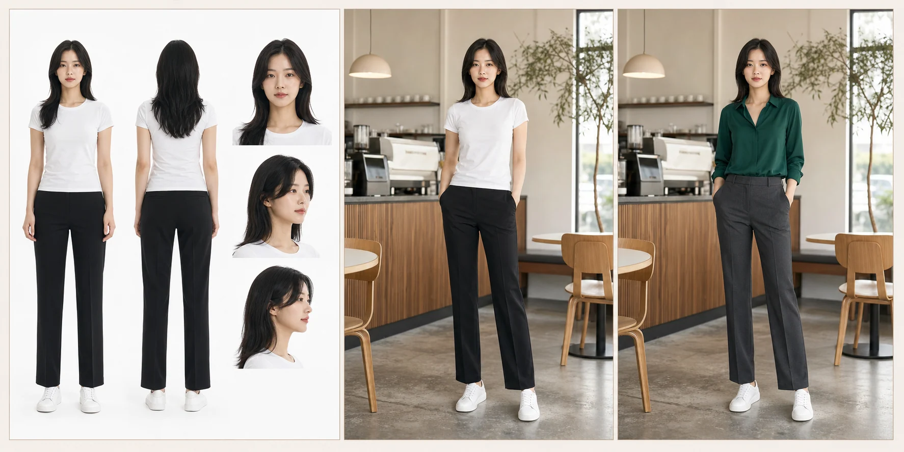 같은 모델의 캐릭터 시트, 카페 룩북 시드, 의류 피팅 결과를 왼쪽부터 비교한 예시